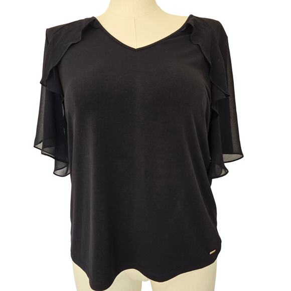 Calvin Klein Black Flutter Sleeve V-neck Blouse Top Sz XL Minimalist Old Money - Picture 1 of 10